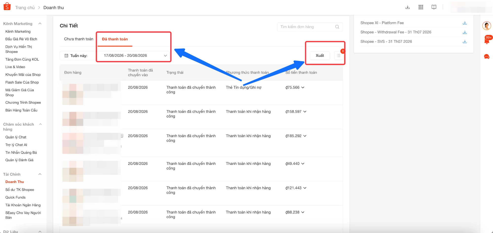 Hướng dẫn xuất file đối soát doanh thu trên Kênh Người Bán Shopee